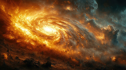 Wall Mural - the captivating spiral galaxy radiates fiery orange hues, surrounded by dark cosmic clouds, demonstr