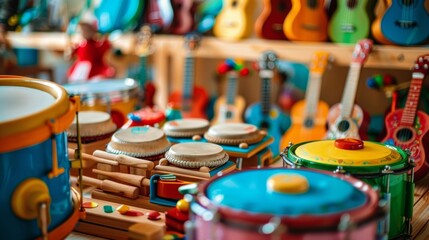 A section filled with musical instruments such as drums xylophones and guitars for children to explore their musical talents.