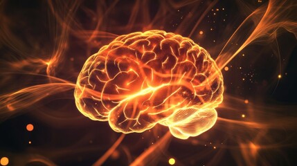 Leinwandbilder - A digital rendering of a human brain is shown in a glowing orange color. The brain is surrounded by orange and yellow smoke-like wisps and light.