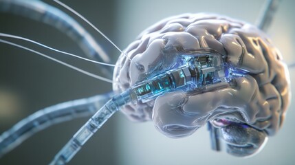 Leinwandbilder - A rendering of a human brain with mechanical parts integrated into its structure, showcasing a futuristic vision of neural technology and human-machine integration.