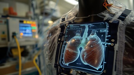 Fototapete - A mannequin displaying intricate lung imaging within a medical facility highlights modern diagnostic technology.