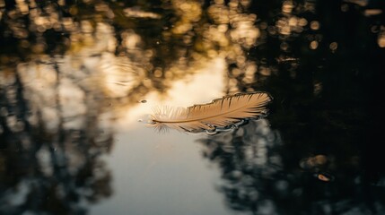 A delicate feather gently resting on the surface of calm water, reflecting surrounding nature.