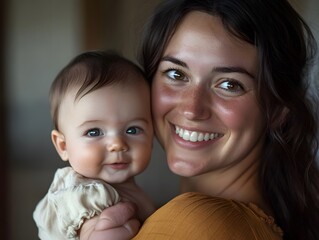 A woman holding a baby in her arms smiling at the camera