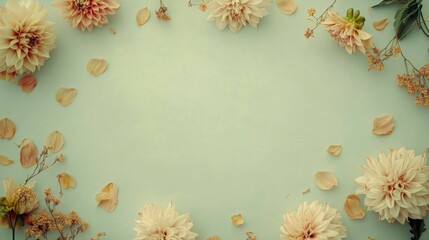 Poster - A flat lay composition featuring several pale pink dahlias and petals scattered around the edges of a light green surface.