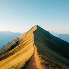 A winding path leads up to the peak of a mountain against a clear blue sky.