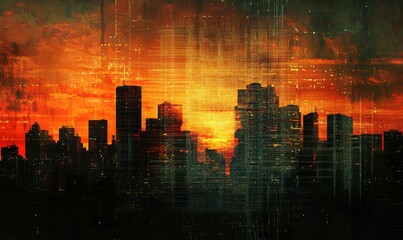 City skyline with sunset and digital matrix overlay