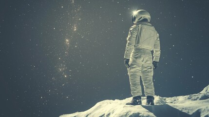 Wall Mural - A lone astronaut in a white spacesuit stands on a snowy surface, gazing at a starry sky filled with distant galaxies