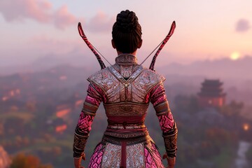 A woman in traditional Chinese clothing stands on a hilltop with a bow and arrow, facing away from the camera, with a beautiful sunset in the background.