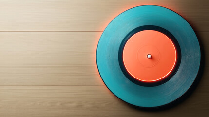 Top view of a vibrant blue vinyl record with an orange center on a wooden surface, illuminated by soft red lighting.