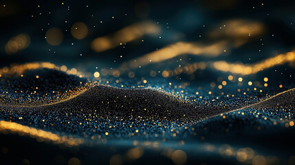 Abstract image depicting a wave-like pattern created with blue and gold glitter particles on a dark background, showcasing a bokeh effect with soft lighting and depth of field.