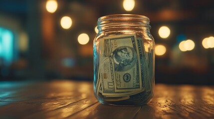 Wall Mural - Dollar banknotes on a hardwood background in a glass jar. The idea of saving money
