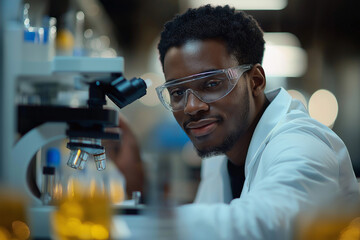 biotechnologist in a lab, smiling as they examine cell samples under a microscope.