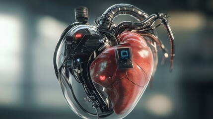 Aufkleber - A 3D rendering of a human heart encased in a transparent, mechanical shell. The human heart is red, while the robotic shell is silver and black.