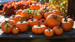 © Stanci - Autumn pumpkins displayed outdoors in sunlight with colorful foliage backdrop