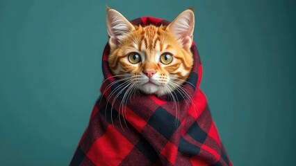 A cute ginger kitten in a red and black plaid blanket looks up with big, bright green eyes against a teal blue backdrop.
