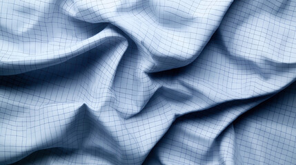Wall Mural - Close-up of crumpled light blue fabric with a grid pattern, showing detailed texture and soft folds.