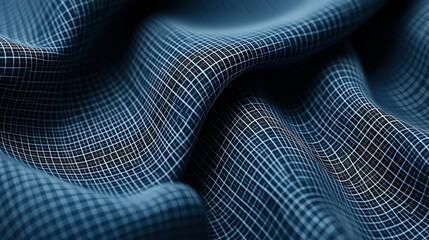 Wall Mural - close-up view of blue wavy grid pattern fabric texture with detailed geometric lines and shadows cre