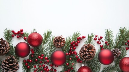 Wall Mural - A white background is decorated with green pine branches, red ornaments, pine cones, and holly berries.