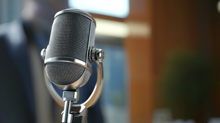 Close-up of a vintage microphone in a modern setting, ideal for podcasts, presentations, and public speaking events.