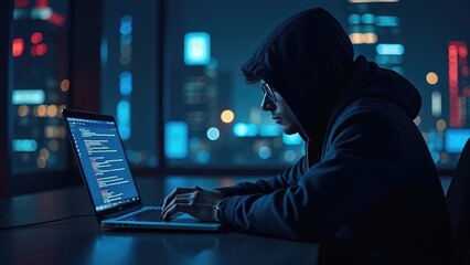 a hooded hacker is sitting at a desk with a laptop in front of them, the screen filled with code, in