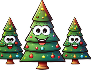 three happy christmas trees with ornaments on transparent background
