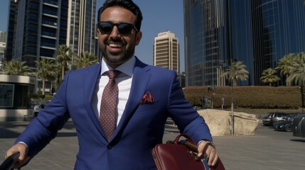 Confident businessman walking in an urban setting, wearing sunglasses and a stylish suit, ready for a successful day ahead.