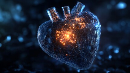 Poster - A digitally rendered heart-shaped object with a glowing, orange core. The surface is a mesh-like structure, appearing to be translucent and revealing the bright core inside.