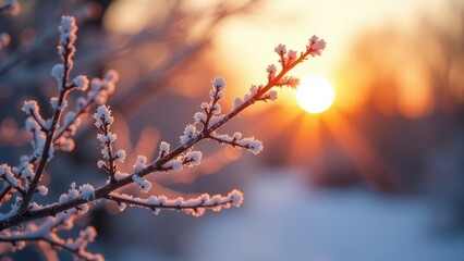 Wall Mural - A close-up of a snow-covered branch with a warm orange sunset in the background. Winter background