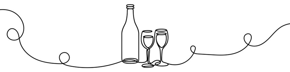 Wall Mural - bottle of wine and a glass are depicted in a continuous line drawing style. vector illustration.