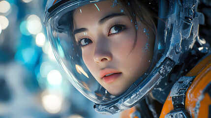 A young astronaut in a futuristic helmet gazes thoughtfully into the vastness of space during a mission