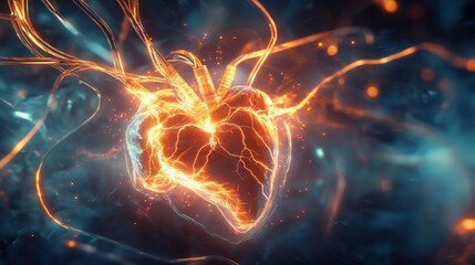Leinwandbilder - The heart shines brightly, surrounded by fiery tendrils, creating a captivating visual in a dark backdrop that evokes mystery and wonder in a magical, light-filled space.