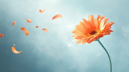 Poster - A single orange flower stands tall, its petals softly illuminated. A few petals float away, creating a serene atmosphere filled with tranquility and natural beauty.
