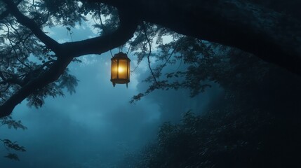 Wall Mural - A glowing lantern suspended from a tree branch in a misty forest setting.