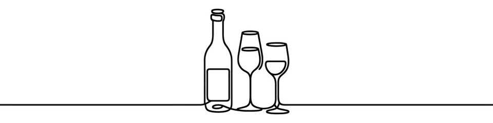 Wall Mural - Bottle of wine and a glass are depicted in a continuous line drawing style. Vector illustration.