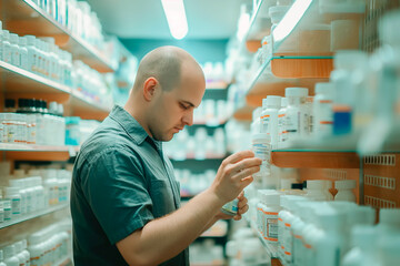 Man examining a medicine bottle closely in a pharmacy aisle, surrounded by rows of pharmaceutical products on shelves, copy space