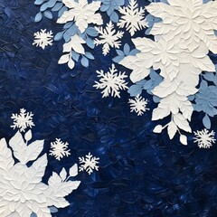 Poster - Abstract winter scene with white snowflakes and leaves on a dark blue background.