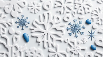 Wall Mural - abstract winter-themed background with various white 3d snowflake patterns and blue elements on a li