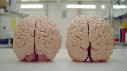 A detailed view of two human brains displayed side by side, showcasing the intricate structures and folds of cerebral anatomy.