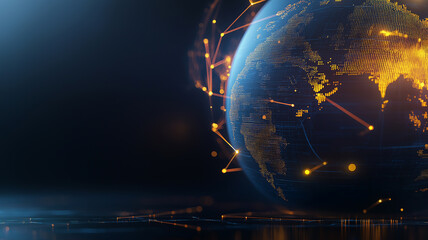 illustration of glowing planet with yellow network connecting cities on black background
