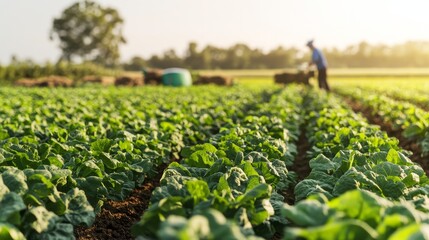 A farmer tending to lush green vegetable rows under the warm sunlight, showcasing the beauty of sustainable agriculture.