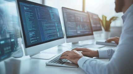 A focused individual working on multiple computer screens, programming and analyzing data in a modern office environment.