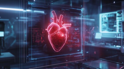 Leinwandbilder - A detailed representation of a human heart is displayed within a high-tech laboratory setting, illuminated by vivid digital effects. The environment features advanced medical equipment and screens.