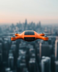 An orange drone flies over a cityscape.