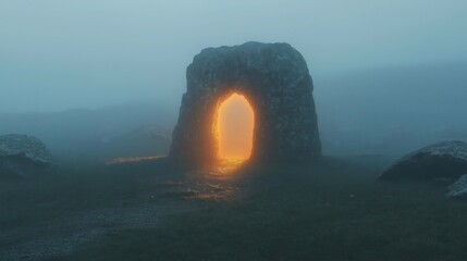 Wall Mural - A glowing portal surrounded by mist and rocky terrain in a serene atmosphere.