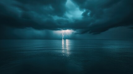 Wall Mural - A dramatic ocean storm featuring dark clouds and lightning illuminating the water.