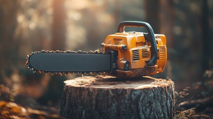 Chainsaw resting on tree stump in dark snowy forest, forestry work, winter logging equipment, power tool for tree cutting, cold outdoor machinery, industry tools