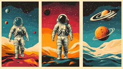 Astronaut in space retro Posters, backgrounds, covers vector set. Space and the universe concept. Cosmonaut in spacesuit walking by alien planet, spaceship flying. Vintage style illustrations.
