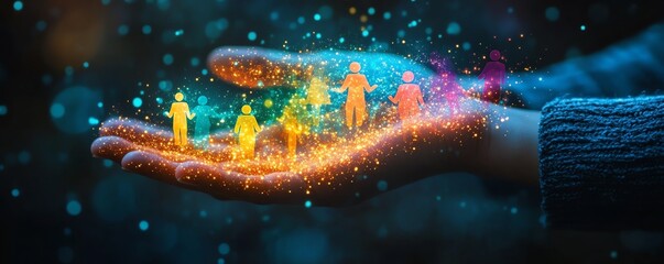 Illustration of a person s hand held out, surrounded by vibrant people icons, symbolizing the interconnectedness of business relationships and networking