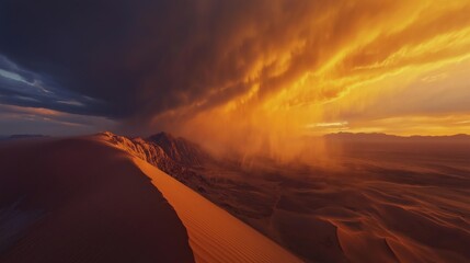 Wall Mural - A dramatic sandstorm sweeping across a vast desert at sunset, with vibrant orange and dark clouds.