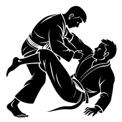 Jiu-Jitsu Grappling Silhouette: Two male figures, one in a dominant position over the other, engaged in a dynamic and intense grappling match.